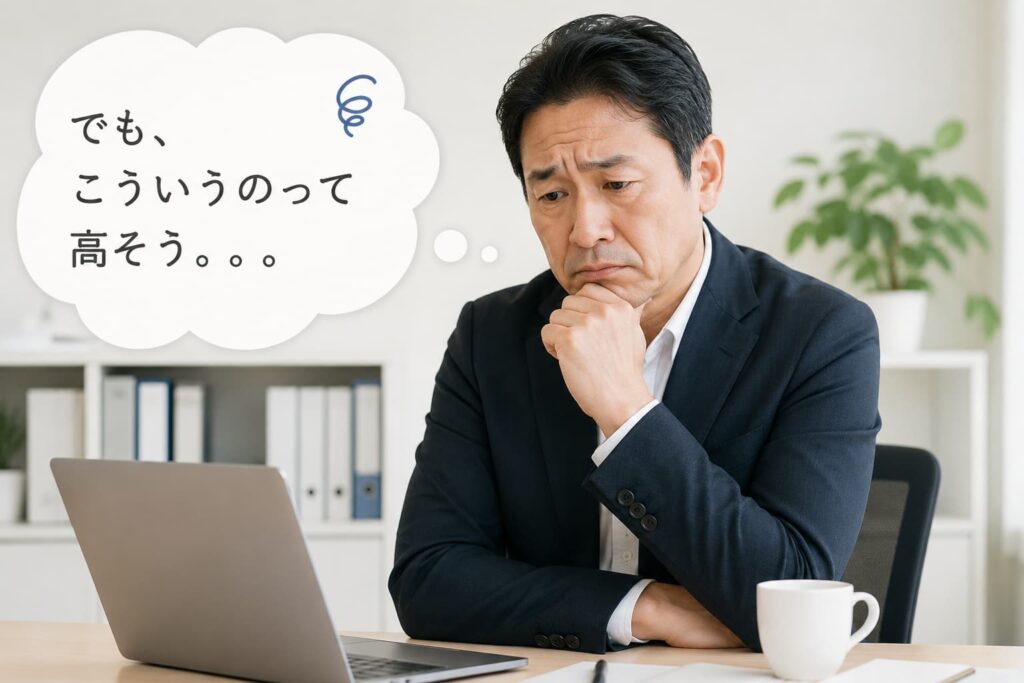 オンボーディングや社内ポータル導入に高額な費用がかかるのではと不安を感じる経営者のイメージ