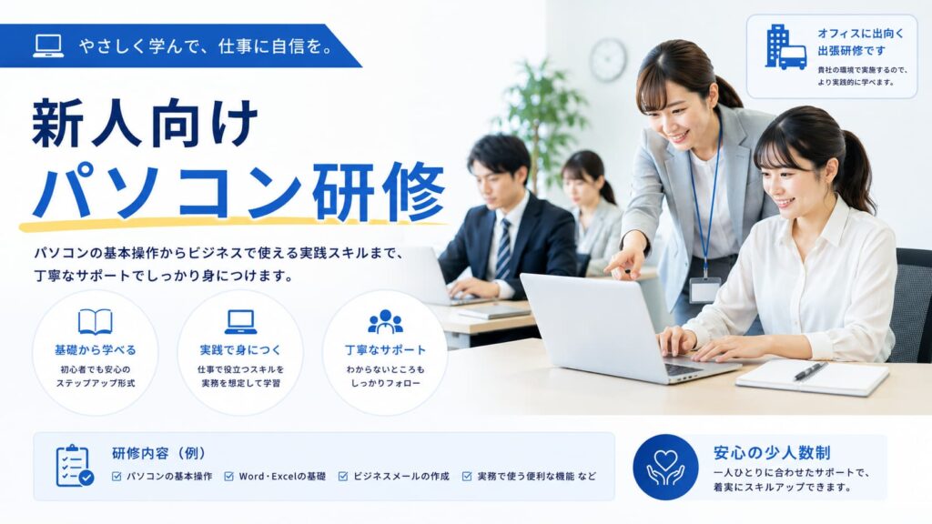 新人社員向けパソコン研修やオンボーディング支援を行うイメージ