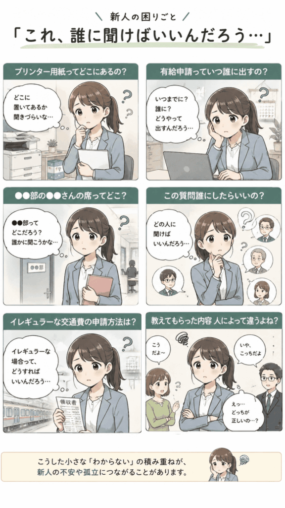 新人が続かない職場での情報共有不足や不安を表現したイラスト