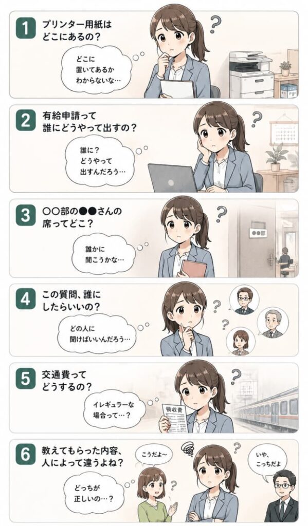 新人が続かない職場での情報共有不足や不安を表現したイラスト